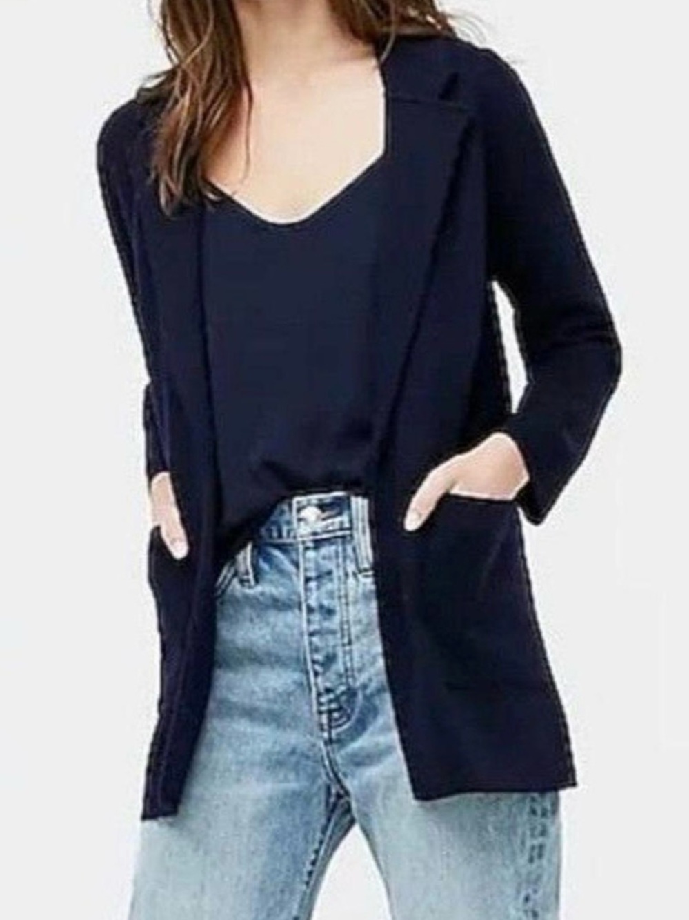 NWOT J. Crew Navy Merino Wool Blend Open-Front Knit Blazer Cardigan